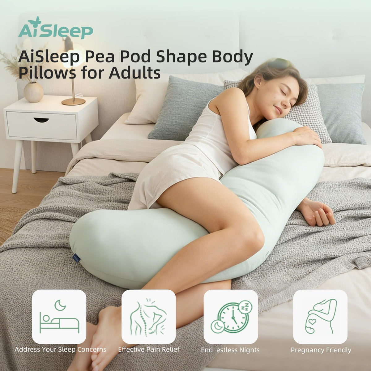 AISLEEP Body Pillow for Adults, Full Body Pillow for Side Sleepers, Long Bed Pillow, Memory Foam Firm Pillow, Pea Pod Shape Long Pillow for Pregnancy Sleeping Full Body Support