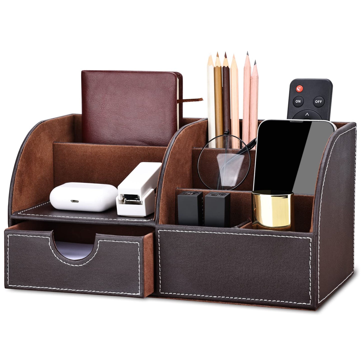 KINGFOM Pu Leather Desk Organizer Pen Pencil Holder Office Supplies Caddy Storage Box 6 Compartments with Drawer Brown (Half Pu)