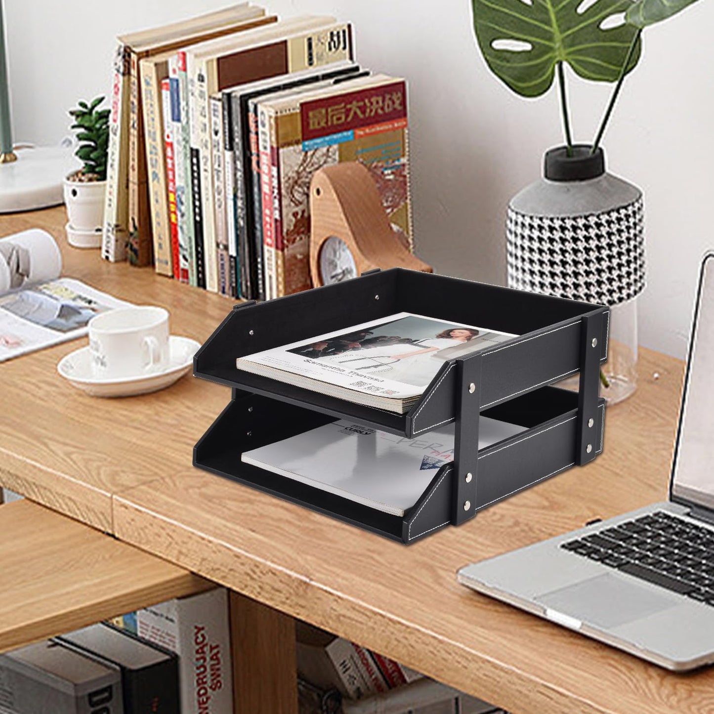 Leather Desk File Supply Organizer,Stackable Office File Document Tray for Files, Folder, Stationery, Magazine, Newspaper, Mail, Home Sundries Desktop Organization Holder,Black