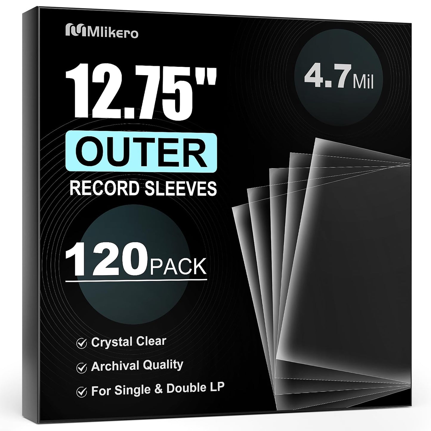 120 Vinyl Record Sleeves Outer, 4.7 Mil Crystal Clear Vinyl Protective Sleeves, 12.75'' x 12.75'' Record Sleeve Compatible with Single and Double LP Album Covers