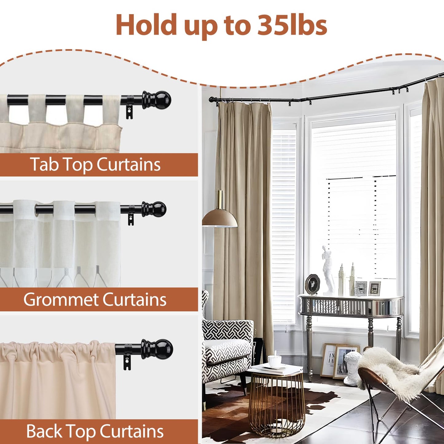 Bay Window U Shaped Curved Curtain Rods, 59-184 Inches, 1 Inch Diameter Heavy Duty Black, Adjustable for Bedroom, Living Room, Corner Windows