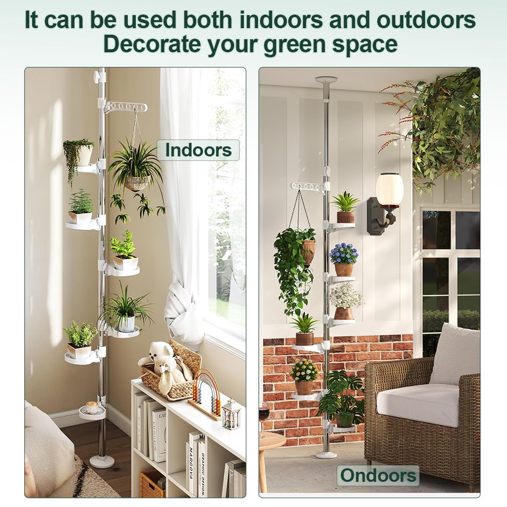 Hershii 7-Layer Tension Pole Plant Stand Indoor Decorative Metal Flower Pot Holder Display Rack Floor to Ceiling Adjustable Hanging Corner Shelf Space Saver - Ivory