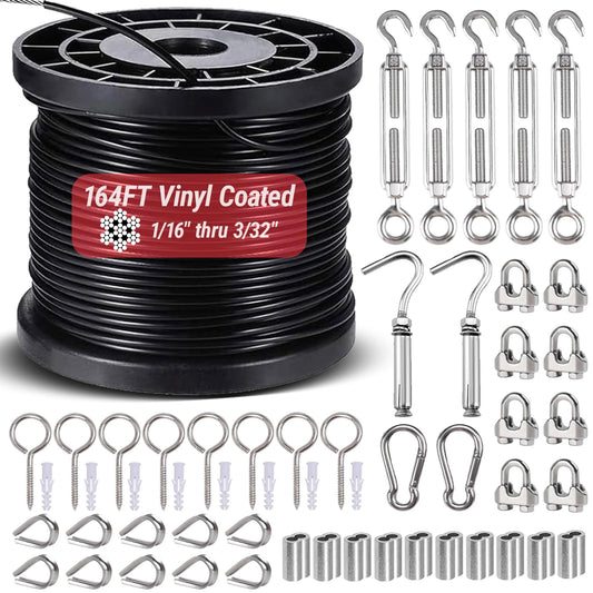 164FT 1/16" Black Wire Rope Kit, Vinyl Coated 304 Stainless Steel Wire Cable, 7x7 Strands 920LBS Breaking Strength, M5 Turnbuckle for Cable Wire, String Light Hanging Kit for Outdoor, Garden