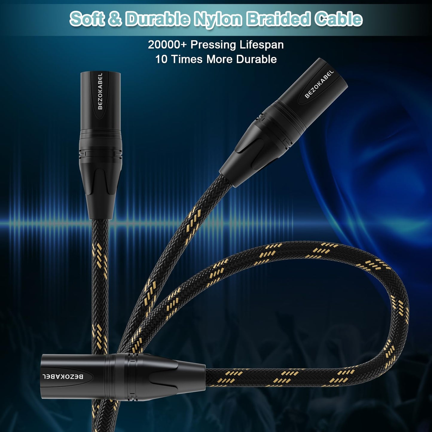BEZOKABEL XLR to 1/4 Inch (6.35mm) Male Cable, 10ft 2-Pack, TRS Microphone Cable Nylon Braided