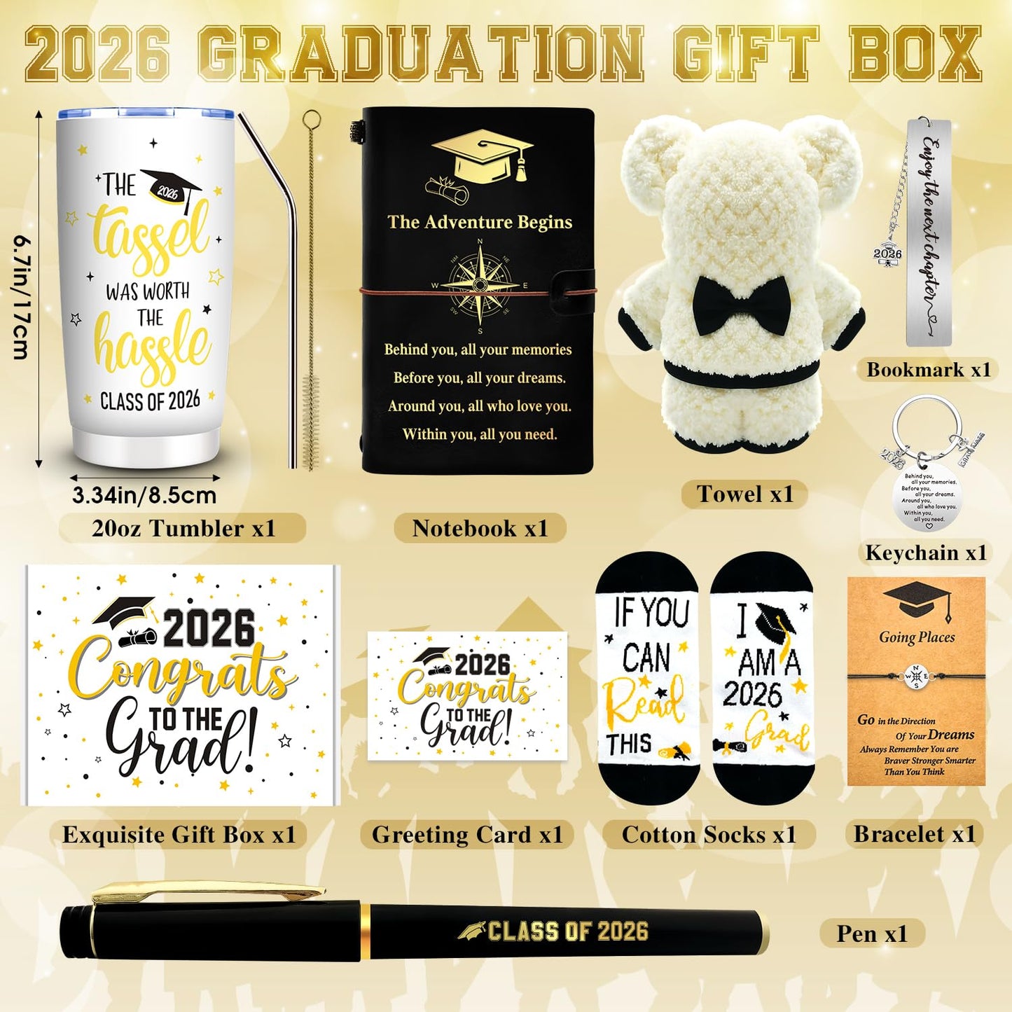 10 Pieces 2026 Graduation Gift Box Set, Class of 2026 Graduation Gift Basket with 20 Oz Tumbler, Socks, Bear Towel, Journal Notebook, Pen, Bookmark, Bracelet for High School College Gifts