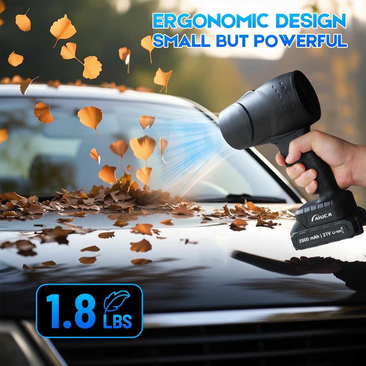 Cordless Leaf Blower, High-Speed Handheld Blower with 2×21V 2500mAh Batteries, 250000 RPM & 130MPH Turbo Airflow, Lightweight & Portable for Patio, Lawn, Car, Camping