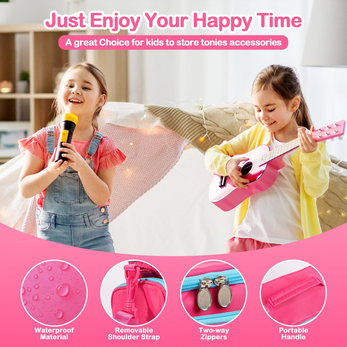 Ottkids Carrying Case for Toniebox Starter Set and Tonies Figurines,Cute Carrying Bag for Tonies Headphones & Accessories,Portable Travel Storage Bag with Shoulder Strap and Handle(Rose)