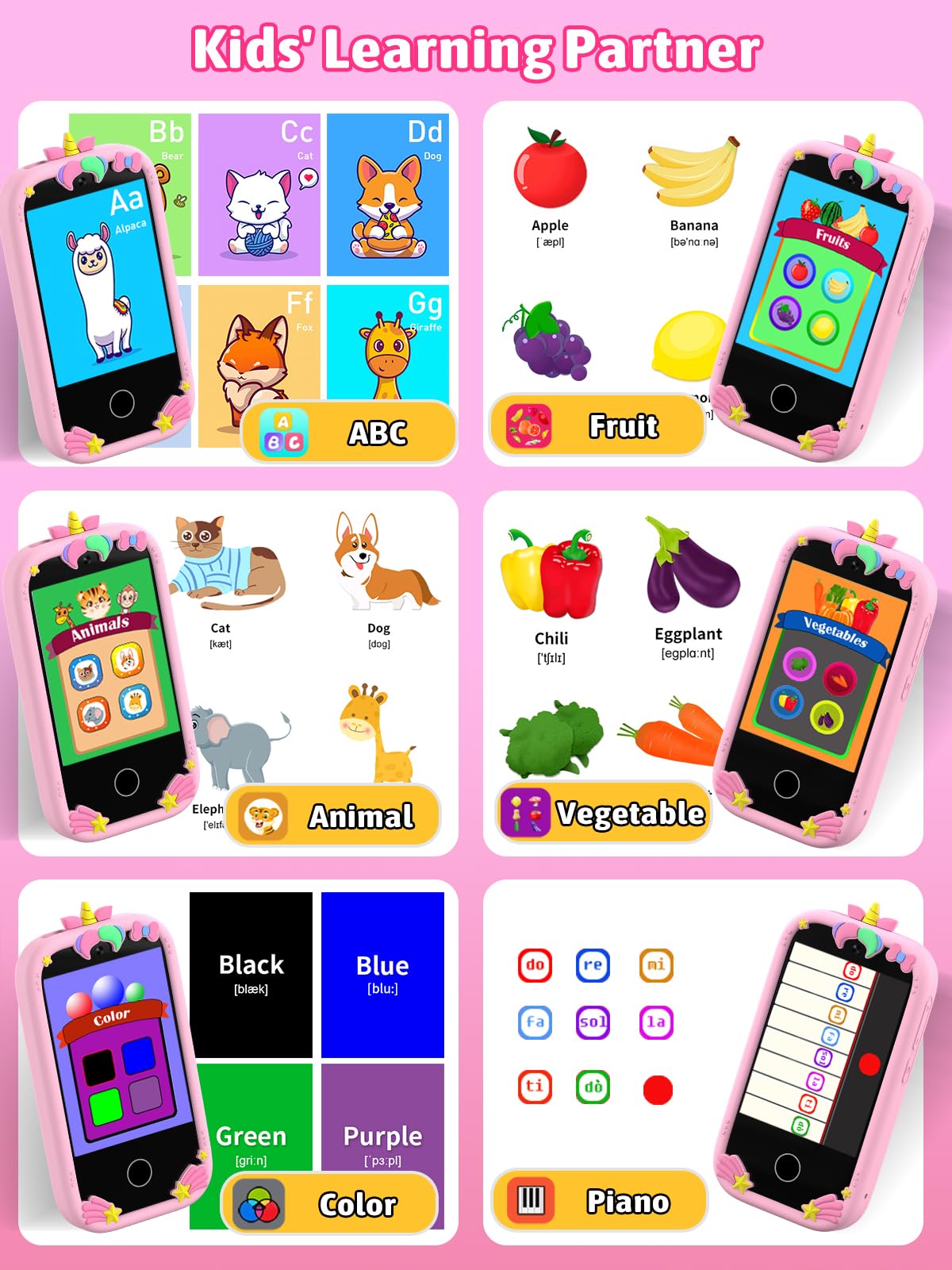 Mgaolo Kids Phone Smartphone Toy, 2.8" Touchscreen Smart Phone, Toddler Educational Learning Gift for Boys Girls Age 3-8, Games, Dual Cameras, Music Video Player, Christmas Birthday Present (Pink)