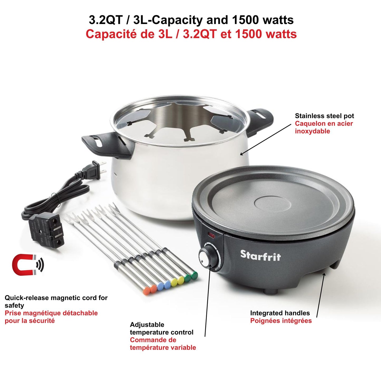 Starfrit Electric Fondue Set, 12-piece, 3L Capacity, Quick Release Magnetic Cord, Stainless Steel Pot, 8 Forks Included, Cool-Touch Handles, 1500W, Ideal for Chinese, Cheese & Chocolate Fondue