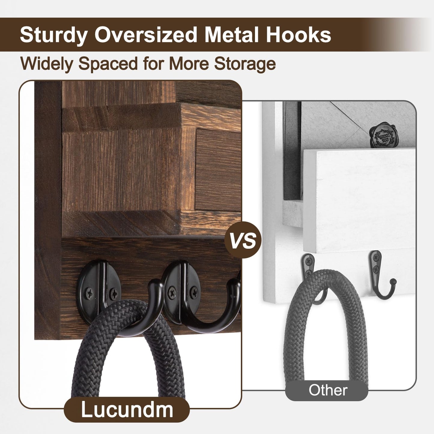 Key Holder Wall Mount, Mail Holder with Storage Drawer and 5 Key Hooks for Coat, Dog Leash, Home Decor Rack, House Accessories, Entry Way Organizer (Brown)
