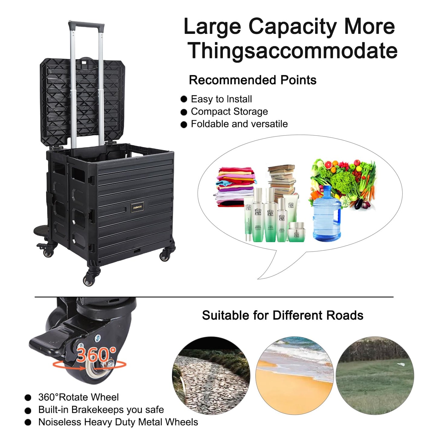 Foldable Utility Cart Folding Portable 360°Rolling Wheels Handcart with Durable Heavy Duty Plastic Telescoping Handle Collapsible 4 Rotate Wheels for Travel Shopping Moving Luggage Office Use.