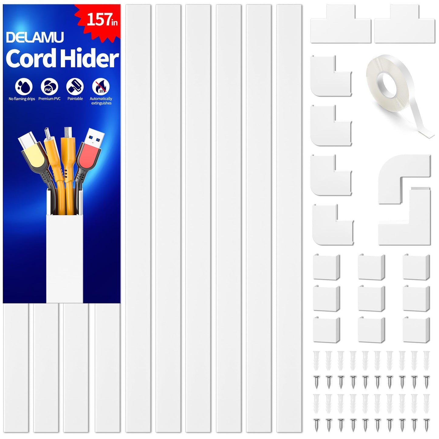 Delamu Cord Hider, 157in Cord Cover Wall, Premium Cord Covers for Wires on Wall, Cable Concealer Hider Kit for Hiding Wires in Home and Office Cable Management, 10X L15.7in X W1.18in X 0.6in, White