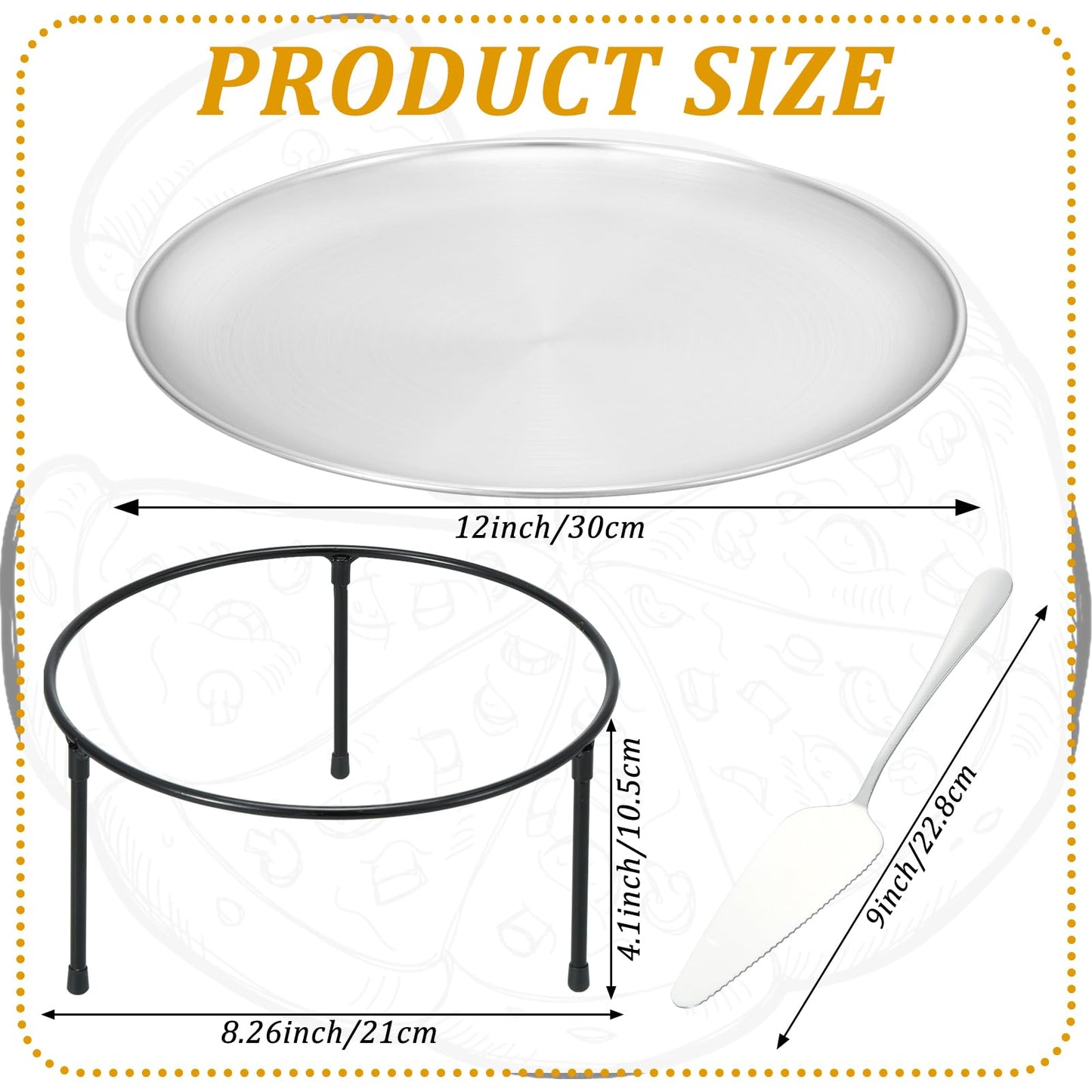 12 Pcs Pizza Pan Riser Stands Sets Includes 4 Round Pizza Tray Riser Rack Holder 4 12inch Pizza Pan and 4 Wood Handle Pie Server, Pizza Rack Stand Pizza Tray for Home and Party