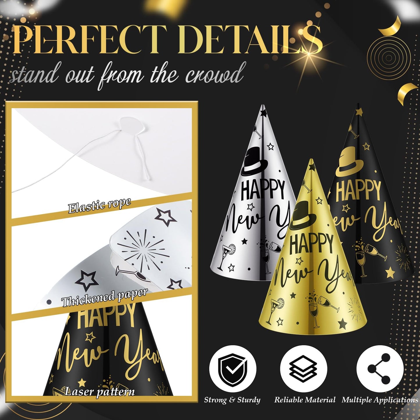 100 Pcs Happy New Year Party Supplies New Years Eve Hats Bulk Black Silver Gold Cone Hats for Adults Photo Props Supplies