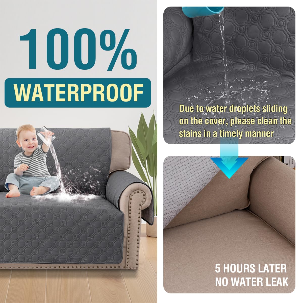 Turquoize 100% Waterproof Sofa Cover 3 Seater Triple Non-Slip Couch Cover Sofa 3 Seater Pet Friendly Sofa Slipcover Furniture Protector for Pets, Dogs, Kids (Large 68", Grey)