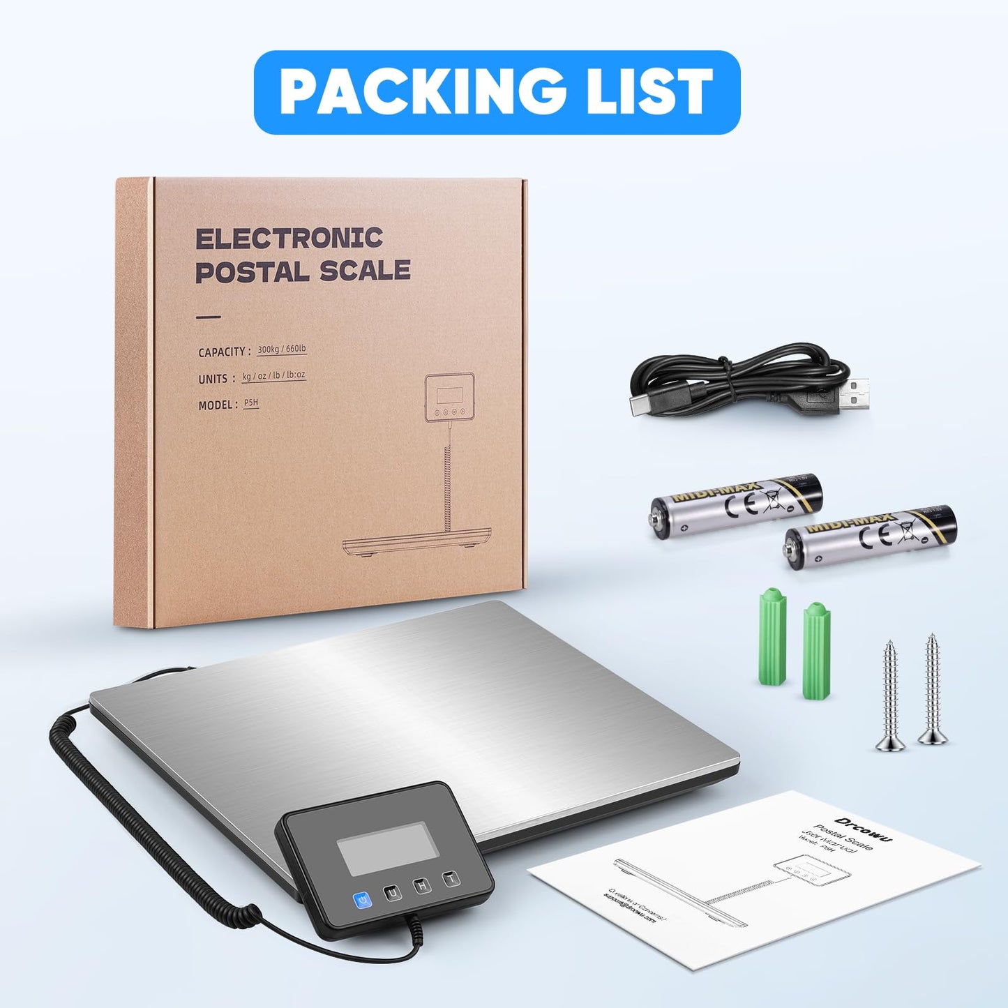 Digital Shipping Scale 300kg, Heavy Duty Postal Scales with Hold and Tare Function, Seperate Screen, Large Platform, Postage Scale for Small Business, Packages (Silver)