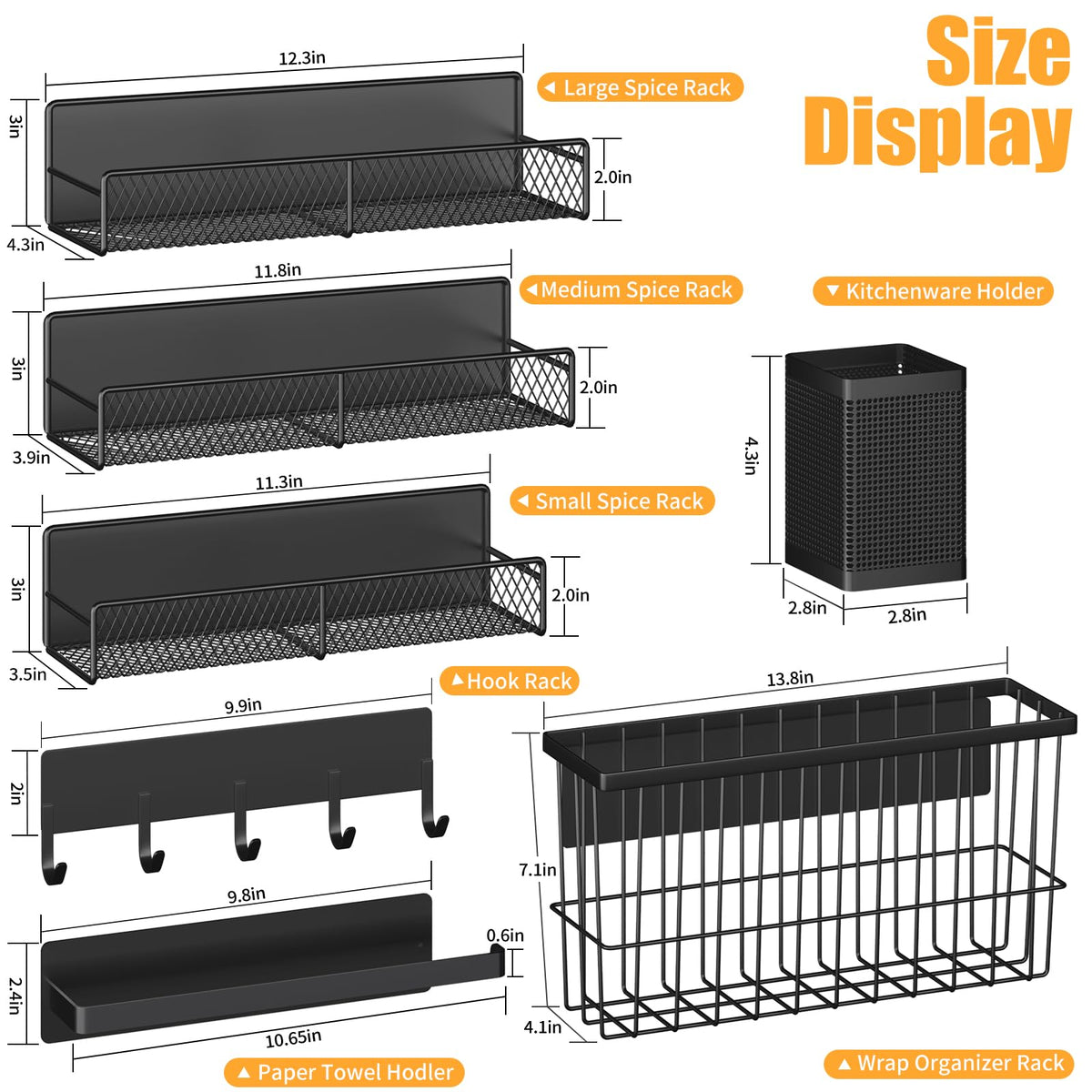 Magnetic Spice Rack for Refrigerator, 7 Pack 100% Metal Strong Magnet Shelf, Spice Organizer W/Paper Towel Holder, Hook Rack, Utensil Caddy & Cutting Board Holder, Home Kitchen Organization (Black)