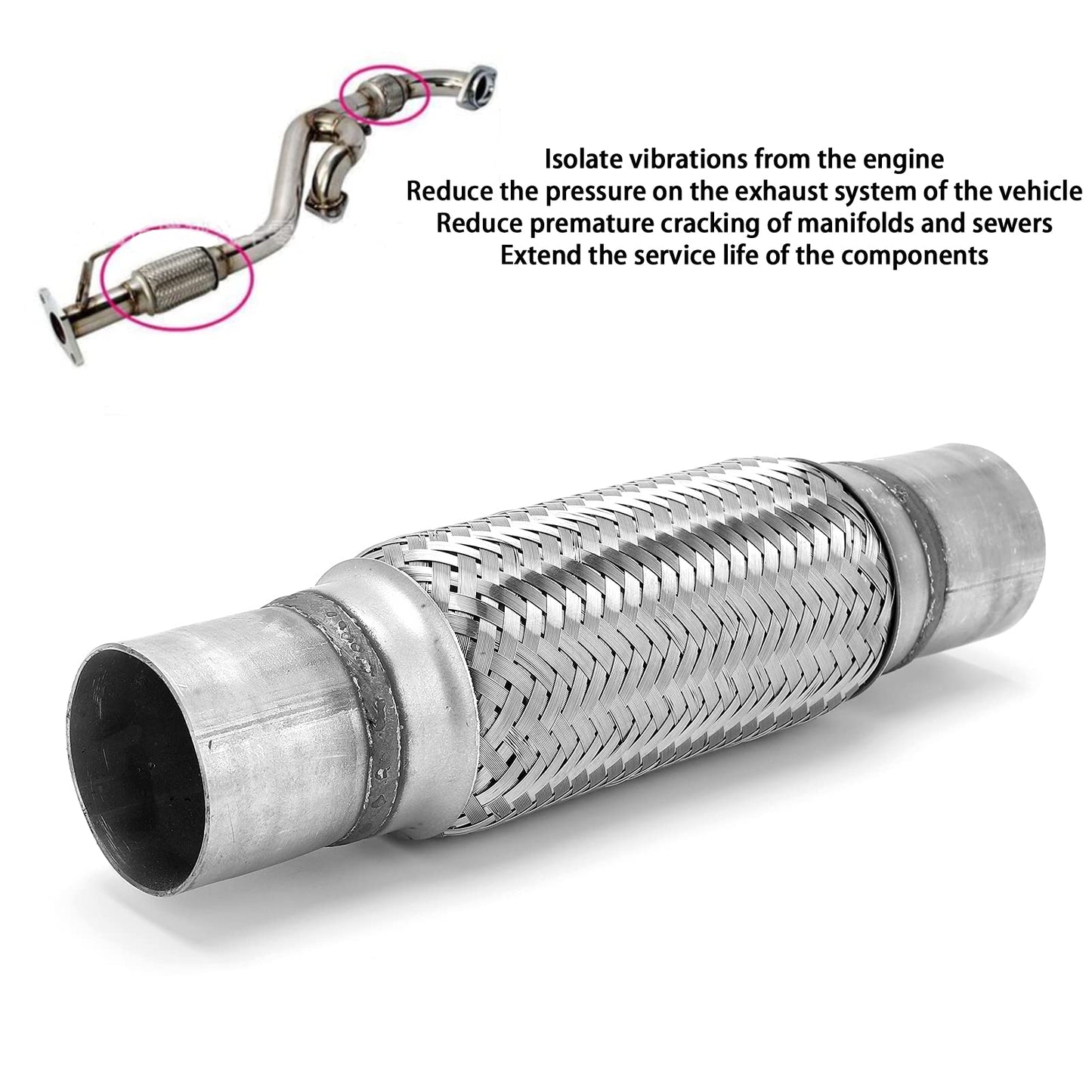 Stainless Steel Exhaust Flex Pipe, 2.25x12in Woven Exhaust Repair Flexible Pipe Bellows Flex Joint 57mm Stainless Steel for Car