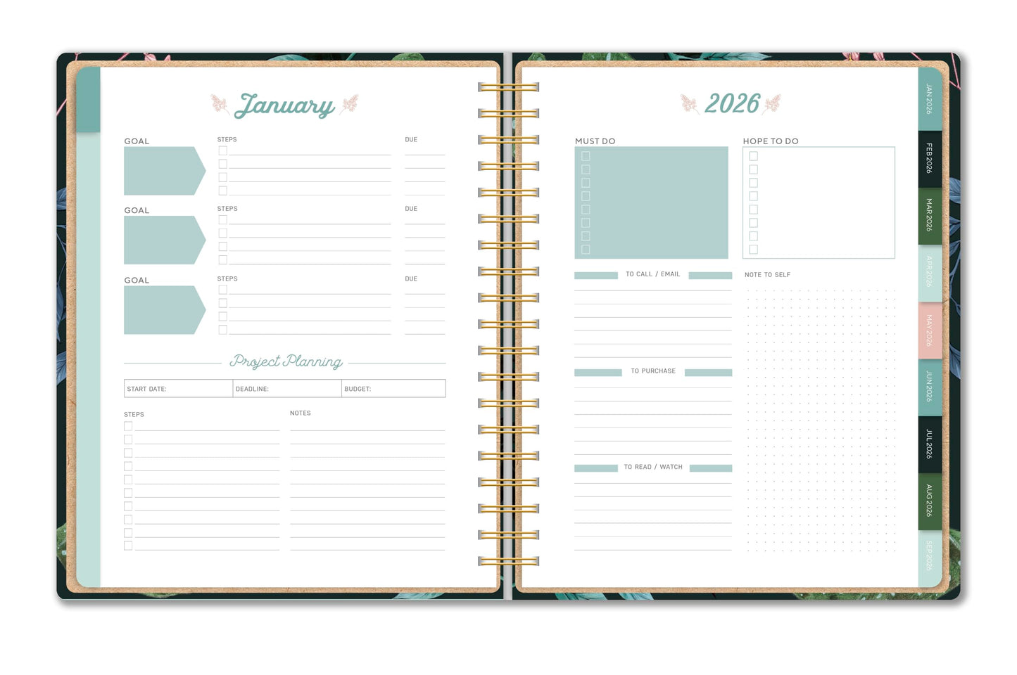 High Note Monthly Planner 2025-2026, Hardcover, Weekly & Monthly Calendar Book, Aug 2025 to Dec 2026 Planner with Goal and Project Planning Pages, 9" x 10", Greenery