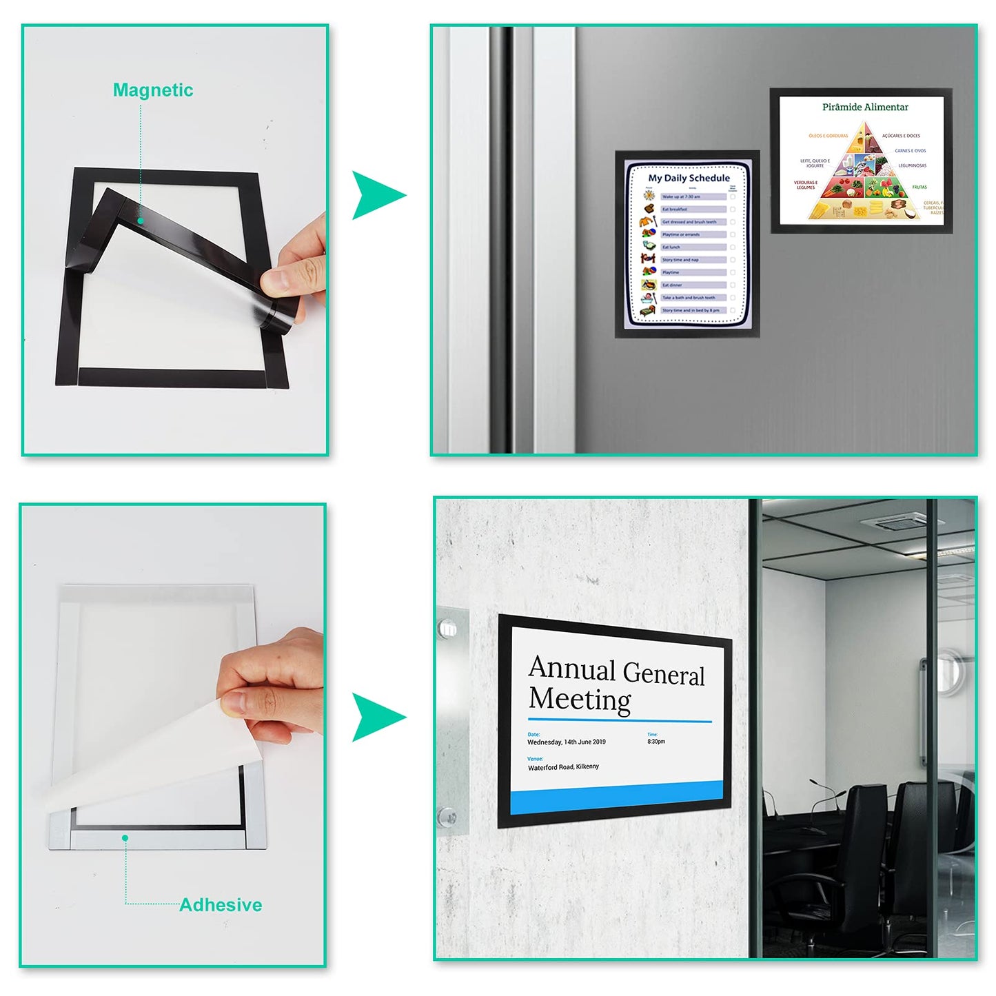 CRUGLA Magnetic 8.5 x 11 Picture Frame Set Self Adhesive Poster Document Diploma Frame Sign Paper Holder for Home Refrigerator Office Glass Window Door Cubicle Tile Wall, Black, 12 Pack