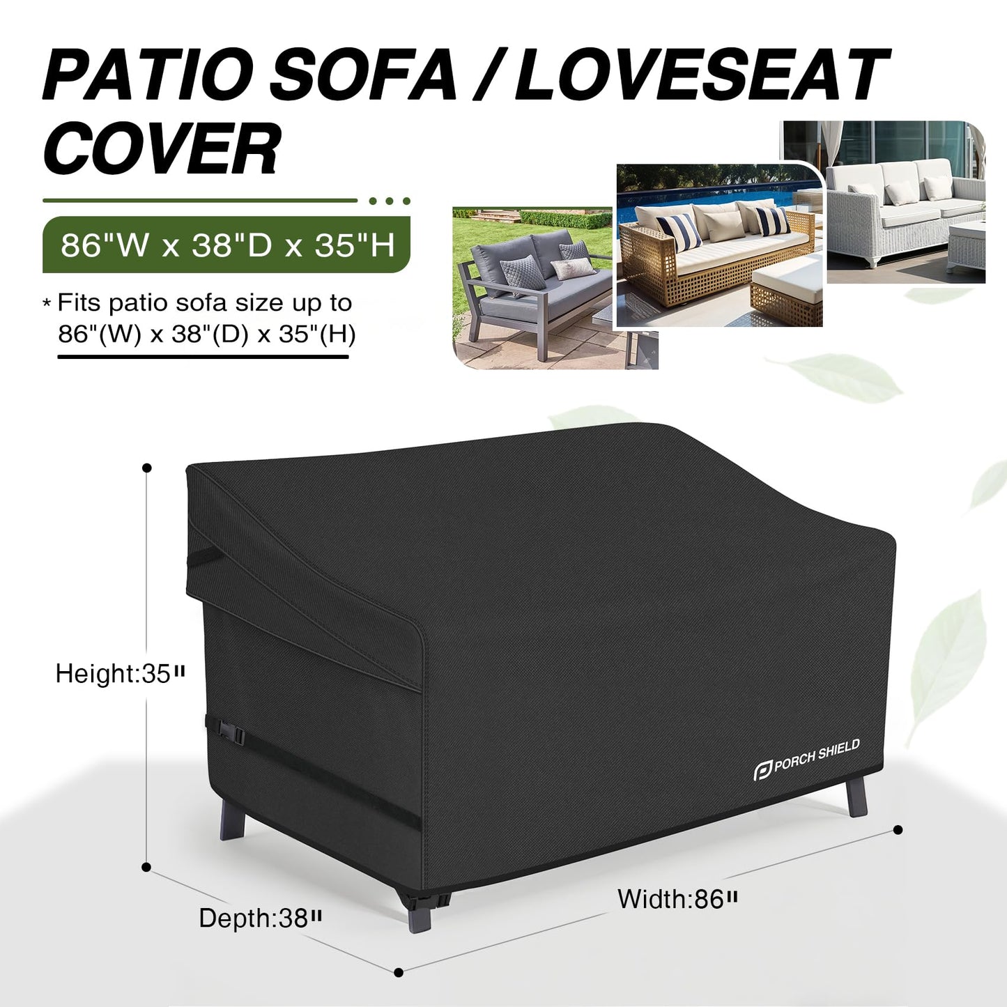 Porch Shield Patio 3-Seater Sofa Cover - Waterproof Outdoor Couch Deep Seat Sofa Cover 86W x 38D x 35H inch, Black