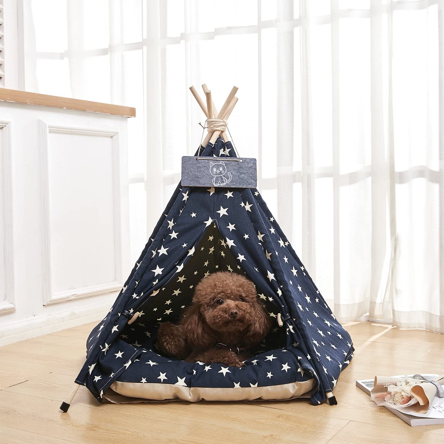 Pet Teepee Dog & Cat Bed with Cushion &Blackboard Dog Tents Pet Houses (Blue)
