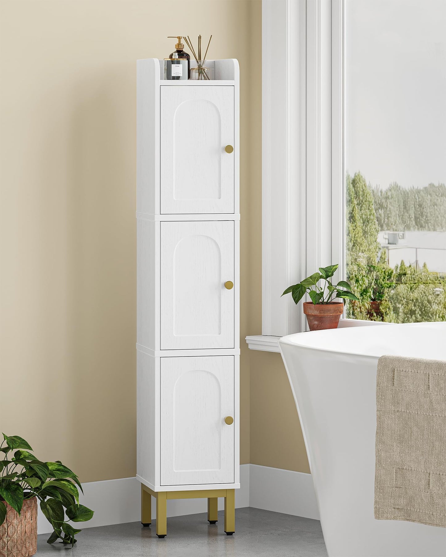 Hzuaneri Slim Bathroom Storage Cabinet, Narrow Bathroom Organizers and Storage with 4 Adjustable Feet, Laundry Room Organization for Small Space, Kitchen, Living Room, 3 Doors White BC22313G