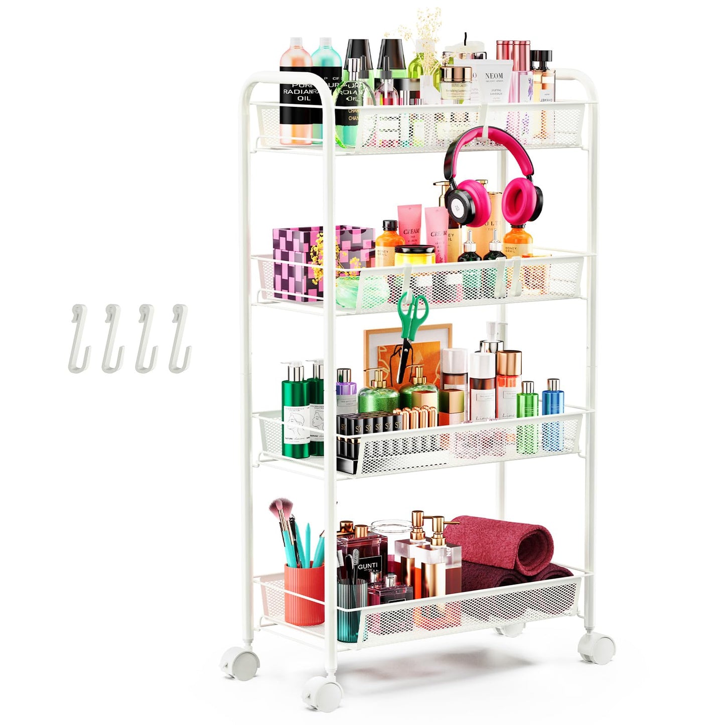 Goovilla 4-Tier Metal Rolling Cart, Mesh Wire Easy Assemble Utility Cart, Storage Trolley on Wheels with 4 Hooks, Metal Storage Shelving Units for Kitchen Bathroom Laundry Living Room, White