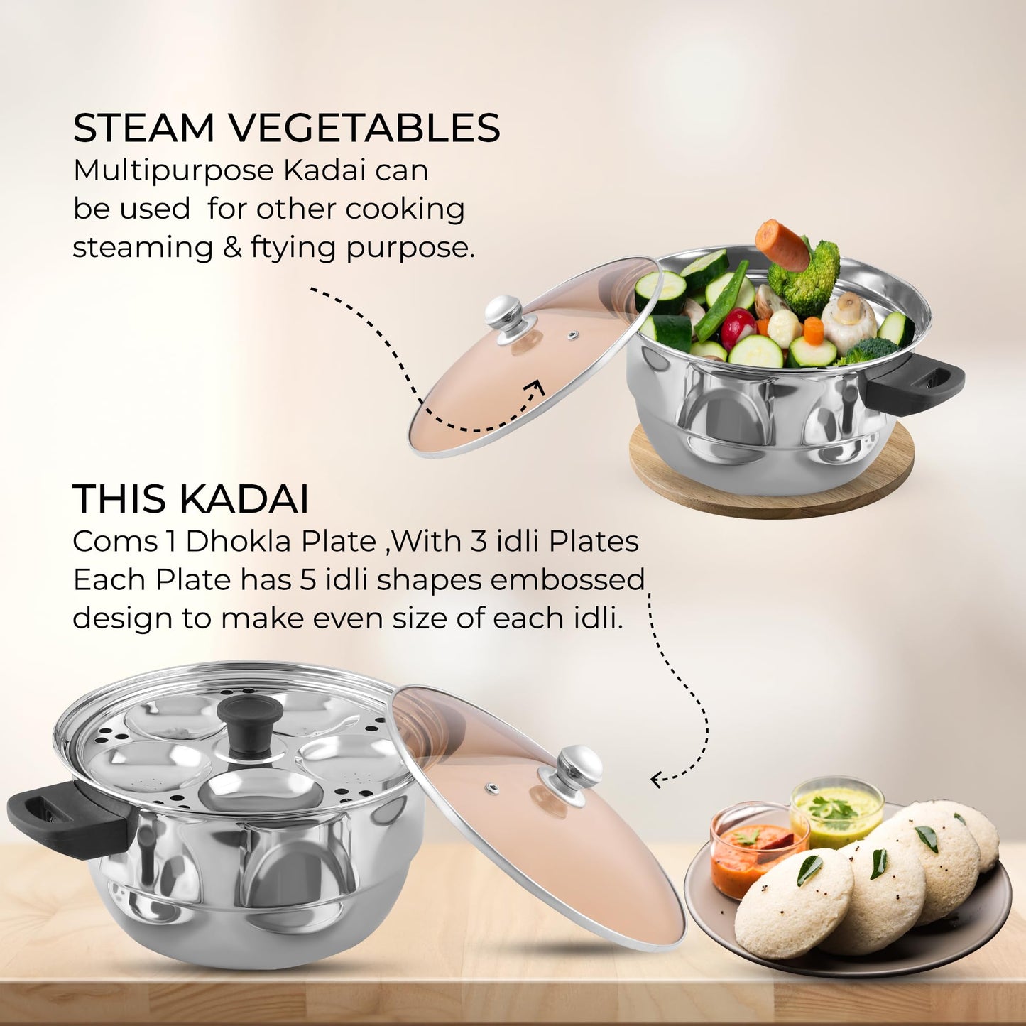 KSJONE See Through lid 5 Pcs Stainless Steel Induction Friendly Idli Cooker Multi Kadai for Indian Cooking with 3 idli Plates (15 Idlis), 1 Patra Plate and 1 Idli Spoon, Silver