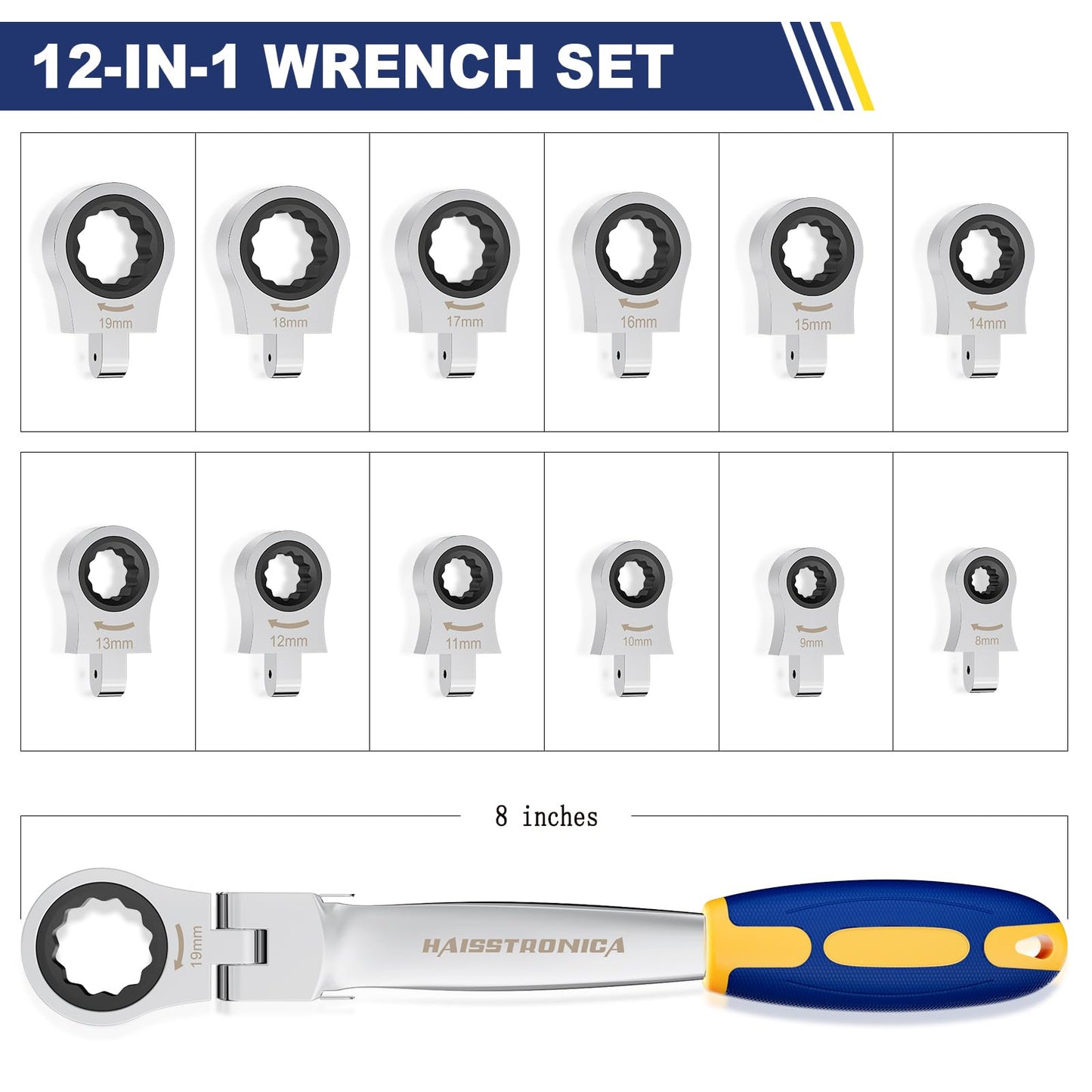 haisstronica 12 in 1 Interchangeable Heads Ratcheting Combination Wrench Set, 8-19mm Metric Flex Head Ratchet Wrench Tool for Auto, Tools for Men Gift