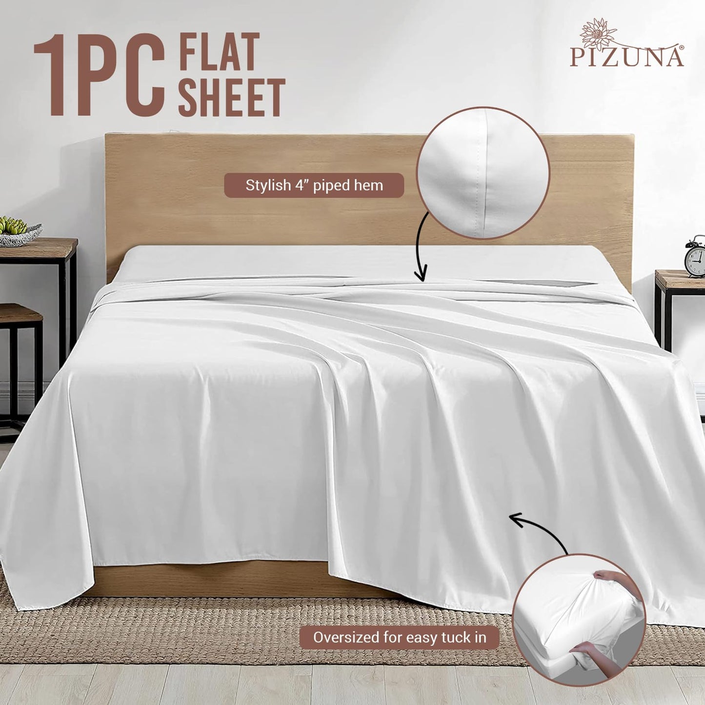 Pizuna Cotton King Size Flat Sheet White 1 PC, 400 Thread Count 100% Long Staple Combed Cotton Sateen Weave Soft King Flat Sheet (White King Flat Sheet Only)