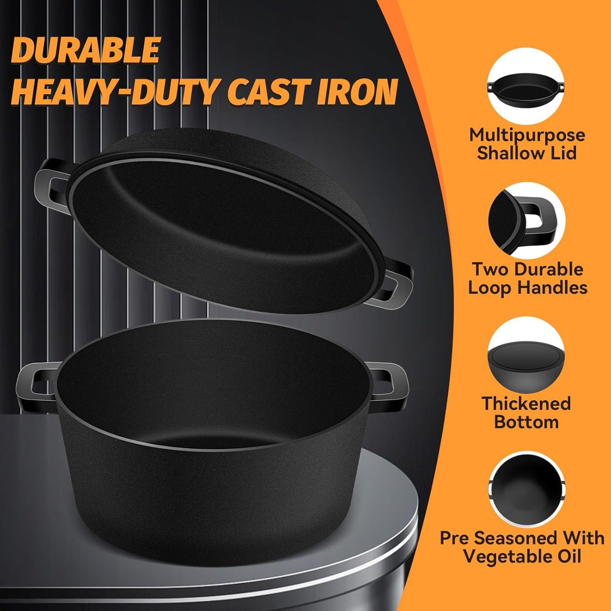Cast Iron Pot Dutch Oven for Bread Baking, Cast Iron Casserole Dish with Lid Baking Cooking Supplies, 2-in-1 Dutch Oven Pot with Skillet, 5.2QT