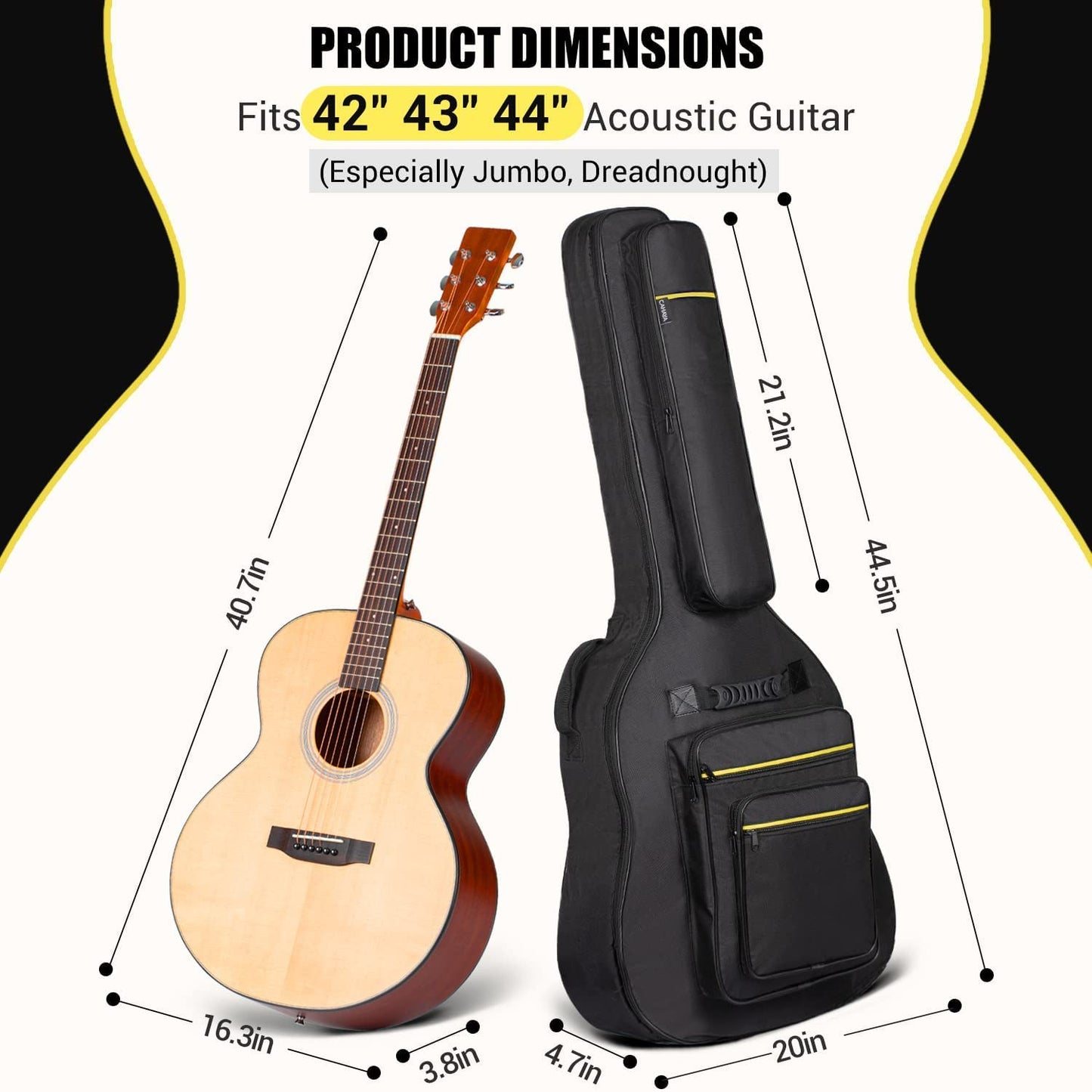 CAHAYA 44 Inch Guitar Bag Multi-Pockets for Jumbo and Dreadnought Yellow Line Guitar Case 0.47in Thick Padding Waterproof Dual Adjustable Shoulder Strap Gig Bag with Back Hanger Loop CY0284