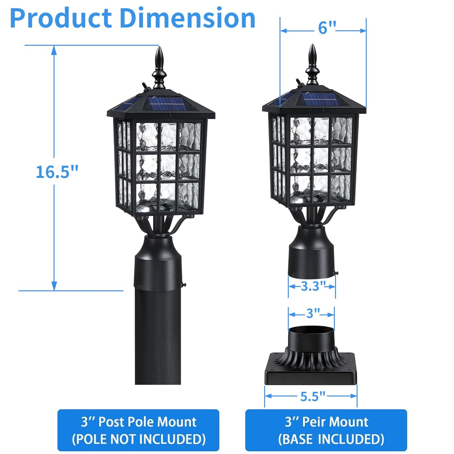 YSN 16.5" Solar Post Lights Outdoor, Dusk to Dawn Outdoor Post Lights Solar Lamp Post Light, Black Solar Pole Light Outdoor with Base, Waterproof Solar Light Posts for Outside Yard Garden, 1 Pack