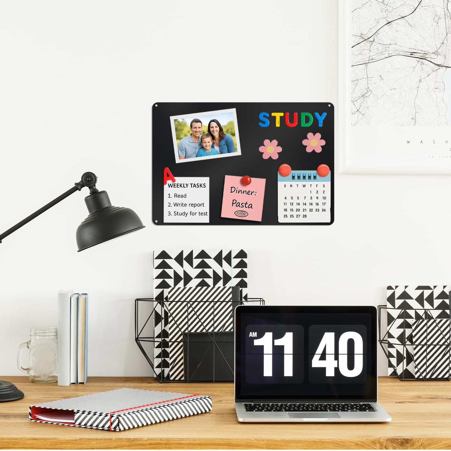 Lanpul 2 Pack Black Metal Magnetic Board, 17.3" x 11.8" Magnet Bulletin Board for Wall & Refrigerator, Display Photos Notes Letters Numbers Board, School Kitchen, with Dual Lock Tape and Screws
