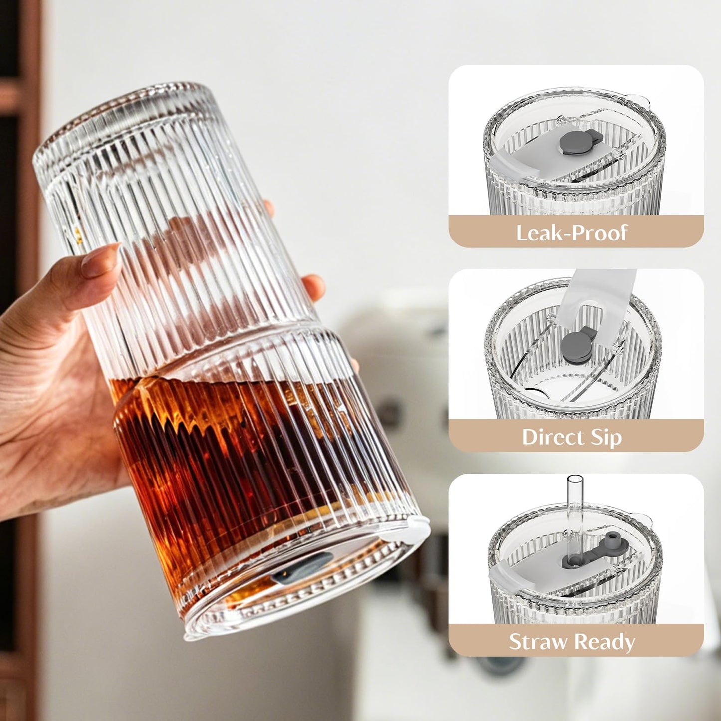 INSETLAN 20 oz Ribbed Glass Tumblers with Lids and Glass Straws – 4-Piece Glassware Set, Heavy-Duty Tumblers, Ideal for Iced Coffee, Smoothies, Cocktails, and Juices – Elegant and Durable Drinkware