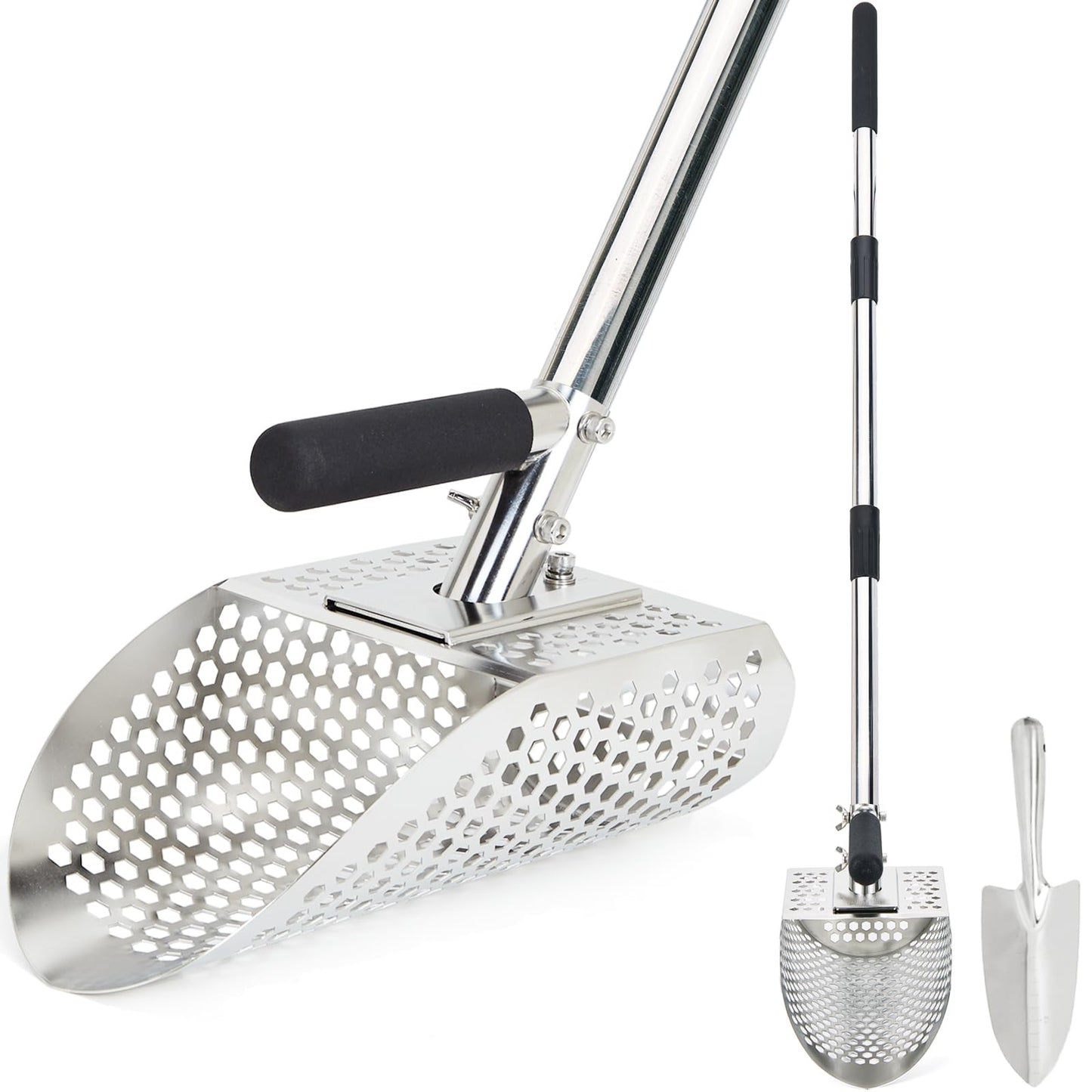 Sand Scoop for Metal Detecting, Metal Detector Scoop with Long Steel Handle, Stainless Steel Metal Detector Shovel, Sand Sifter for Beach, Metal Detector Accessories, Sand Flea Rake for Treasure