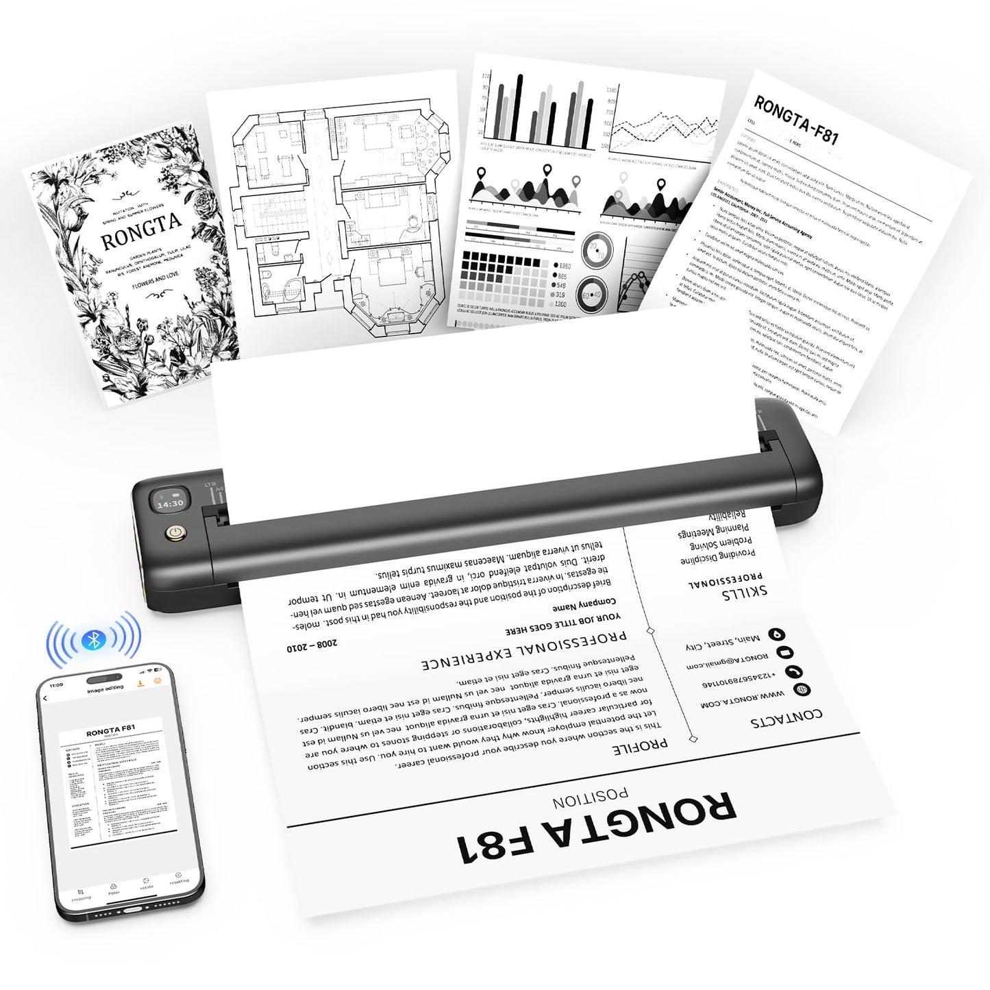 Rongta Portable Printer Wireless for Travel, Inkless Thermal Printer, Compatible with Android,iOS & Laptop, Small Bluetooth Mobile Printer for School/Office/Home Use (Gray)