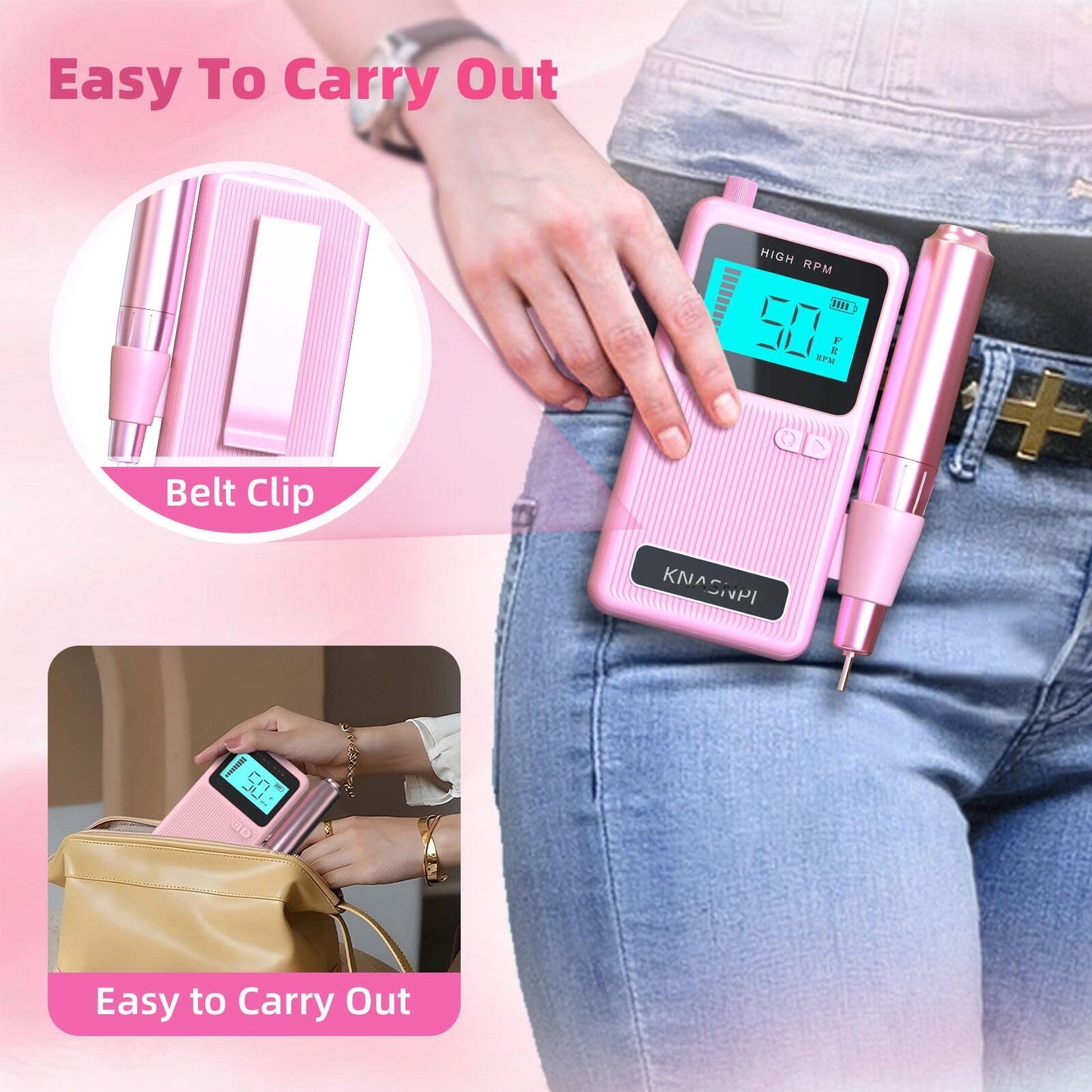 KNASNPI Professional Electric Nail Drill 50000 RPM High Speed with Smart Adjustment, Nail Salon & Home Use Kit, 6 Grinding Heads & Extended Runtime