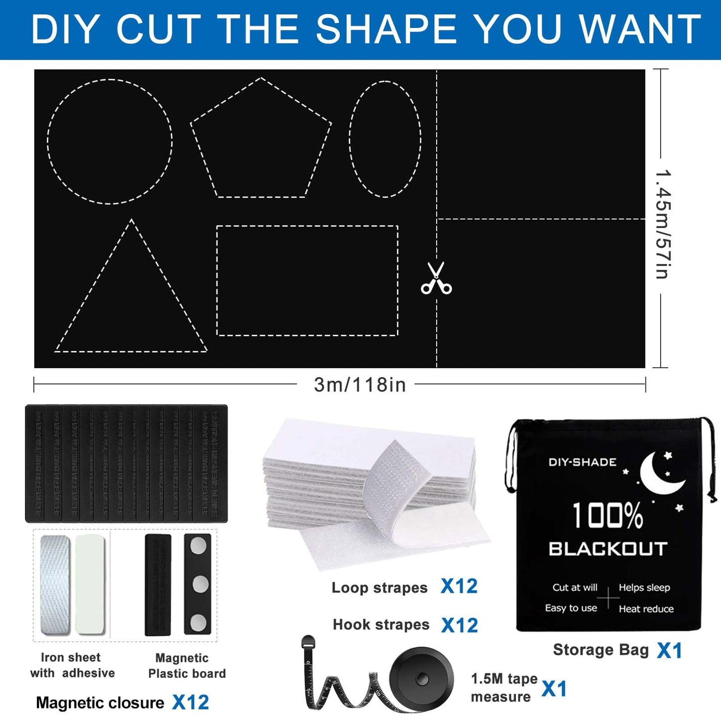 100% Blackout Blind Magnetic Portable Blackout Curtains 118 x 57Inch,Black Out Window Cover with Strong Magnet No Drill Cuttable Window Shades for Bedroom,Nursery,Rv,Media Room (Black)