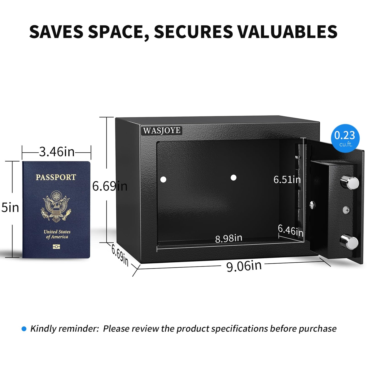WASJOYE Home Cabinet Safe Box, Key Lock Coffre Fort High Security Safety Box, 0.5 Cubic Feet Steel Safes for Home/Office/Hotel, Cabinet Safe Box for Money Cash Jewelry Medicine Passport