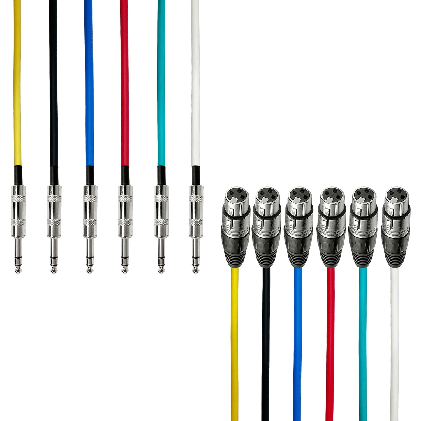 AxcessAbles XLR Female to 1/4" TRS Balanced 2ft Speaker Color Cable Pack | Balanced Speaker, Microphone Snake Cords (2ft - 6 Pack)