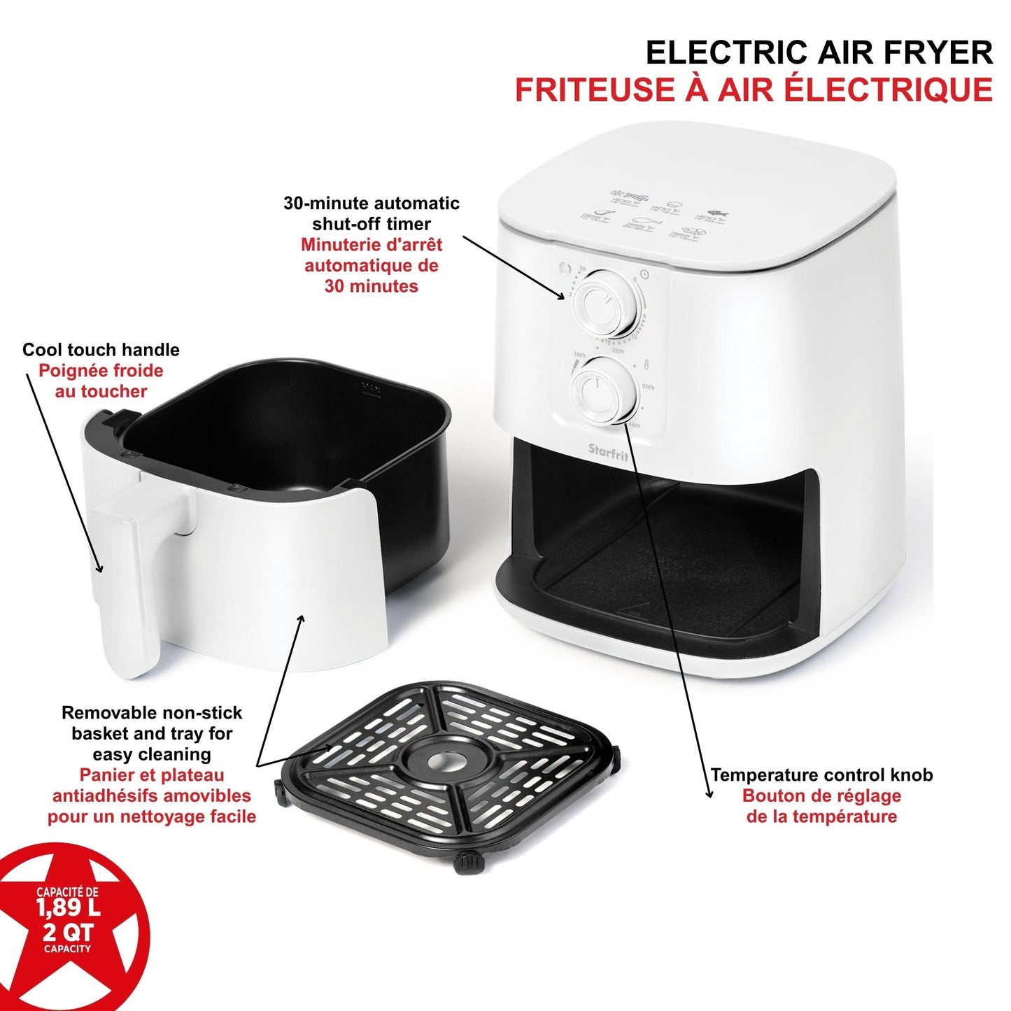 Starfrit Electric Air Fryer – 2QT/1.89L Compact Capacity – Adjustable Temperature Control – Removable Non-Stick Basket – 30-Minute Auto Shut-Off - 900 Watts