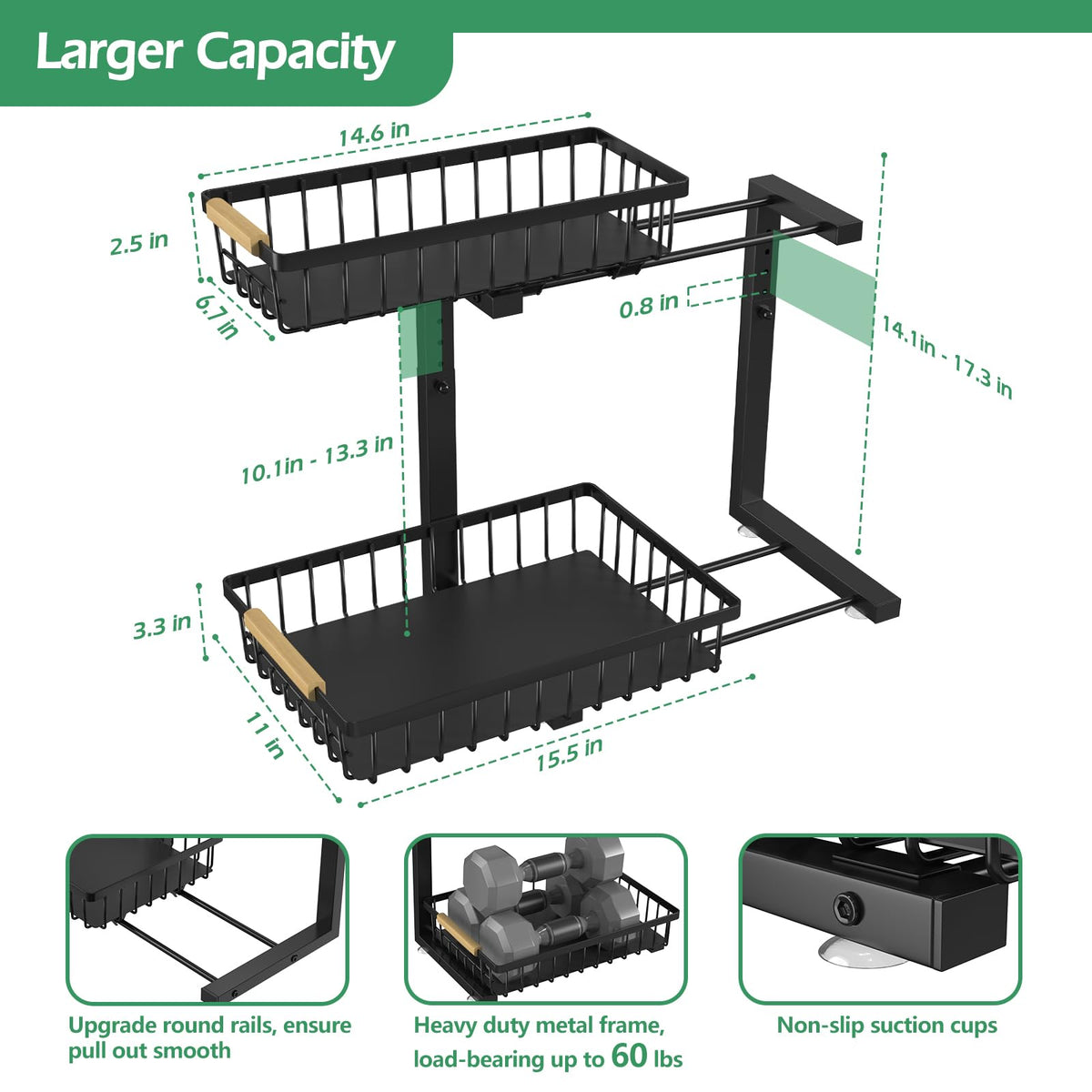 ADRIMER Under Sink Organizer, Pull Out Kitchen Organizers and Storage, 2 Tier Slide Out Bathroom Cabinet Organizers and Storage Height Adjustable Durable Metal, Black