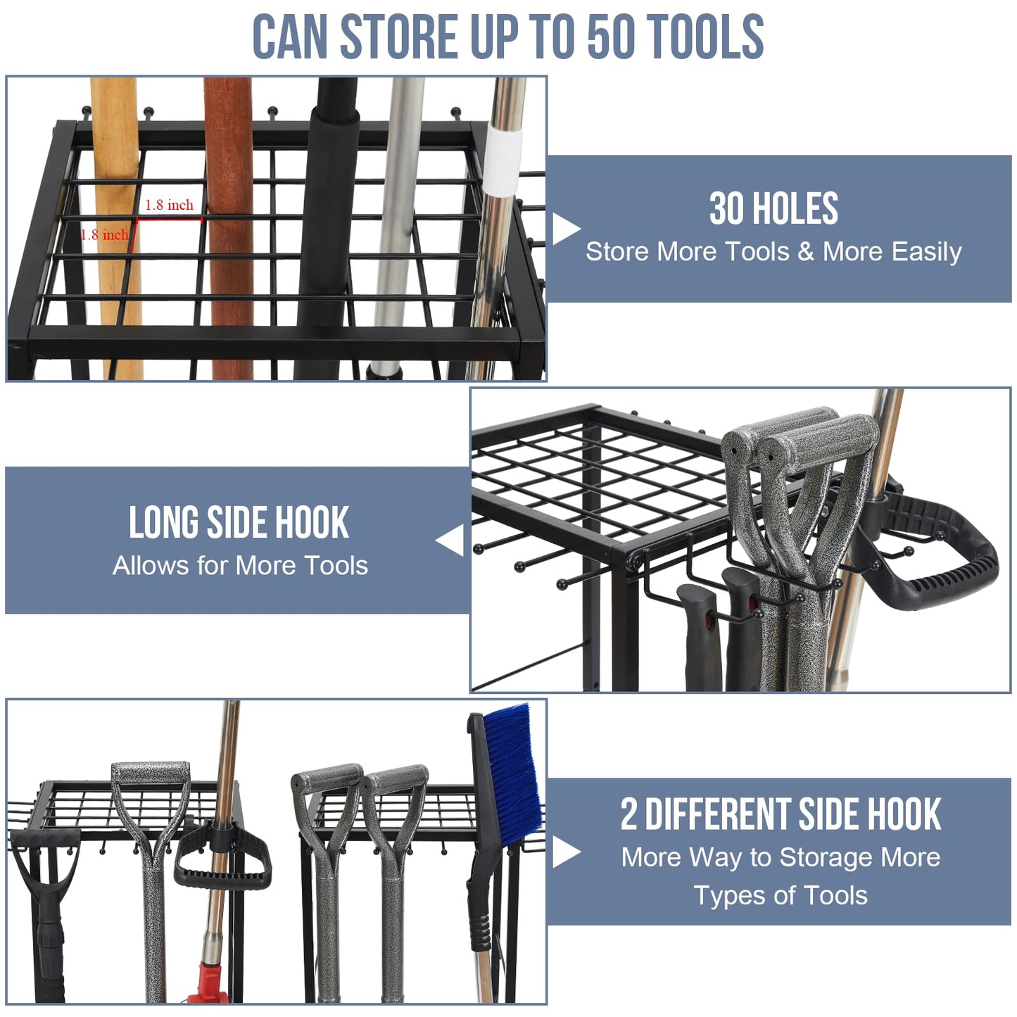 Garden Tool Organizer Holds 50 Long-Handled Tools/Rakes/Brooms/Shovles for Garage Organization and Storage, Shed, Outdoor, Lawn, Heavy-Duty Steel, Black, Easy Assembly (Corner)
