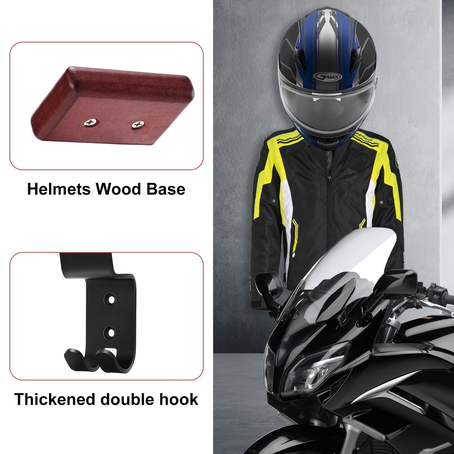 HK 2 Pack Beech Wood & Carbon Steel Motorcycle Helmet Holder, Durable Wall Mount Helmet Rack with Double Hook for Helmets, Hats, Coats, Sportswear