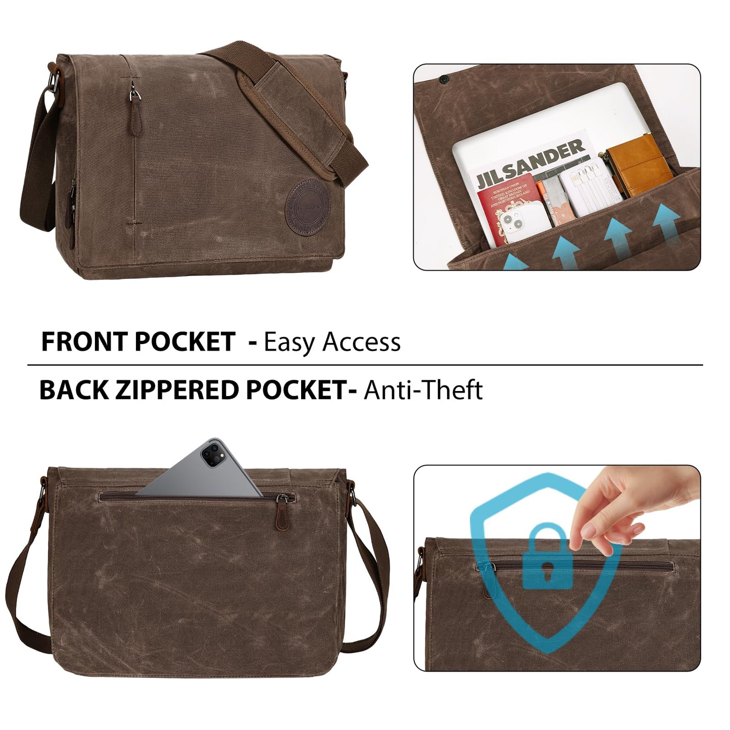Leathario Messenger Bag, 13 14 15.6 inch Laptop Bags, Lightweight Crossbody Bag, Computer Shoulder Bag for Men Women, Waxed Canvas