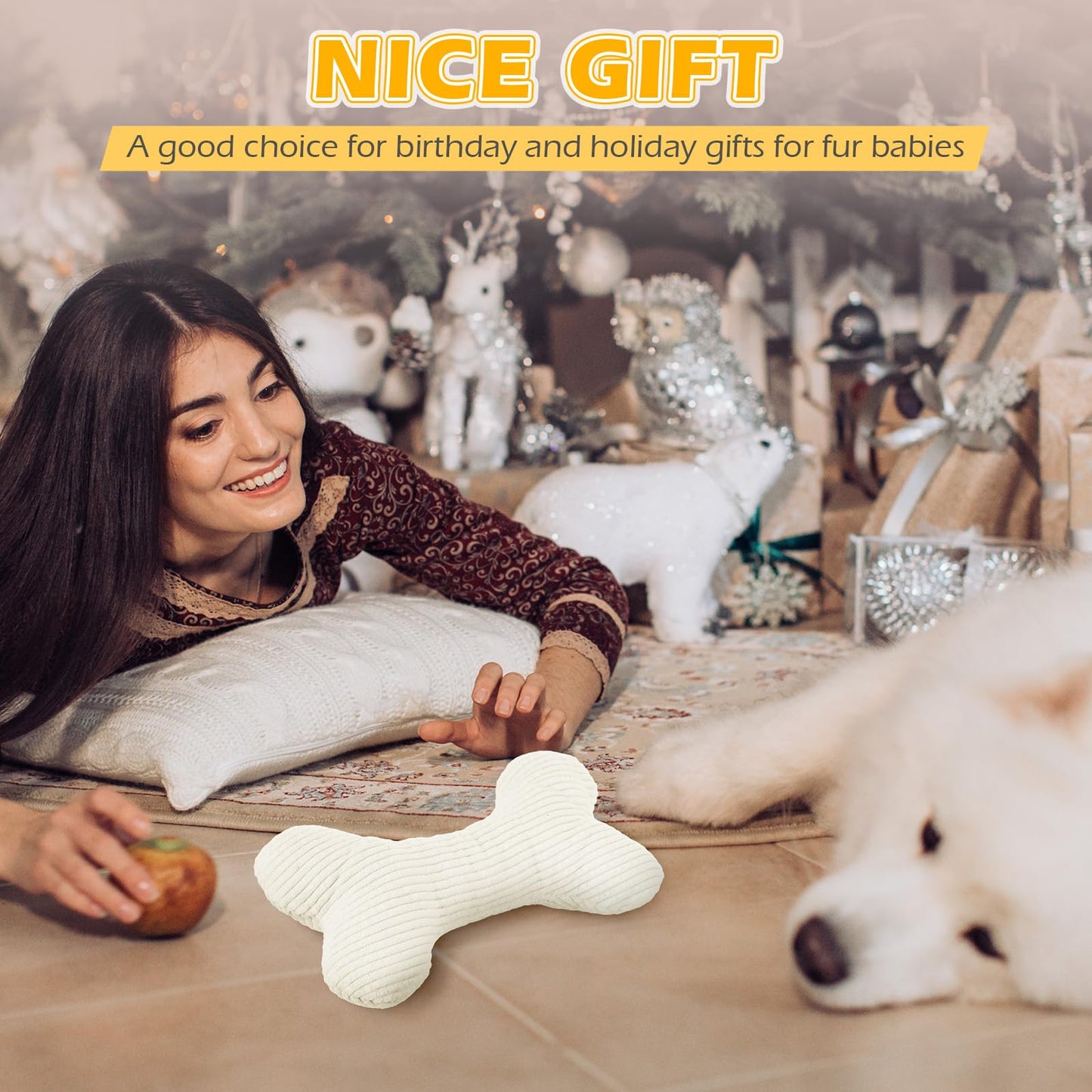 Poen 6 Pcs Bone Shaped Plush Squeaker Dog Birthday Toy Soft Stuffed Calming Toy with Squeaker for Small Medium Pet Dogs Puppy Chew Claw Interactive Fetch, 8. 27 x 4. 72 Inch White