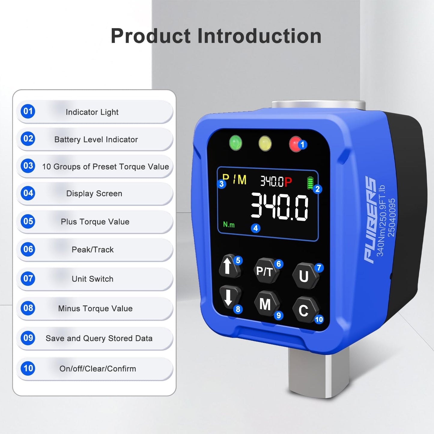 PUIBERS 1/2" Drive Digital Torque Wrench Adapter- 12.5-250.7 Ft-lb / 17-340 Nm, Digital Torque Adapter ±2% Accuracy, Colour LCD Display, 1/4” & 3/8” Adapters for Car & Motorcycle Maintenance