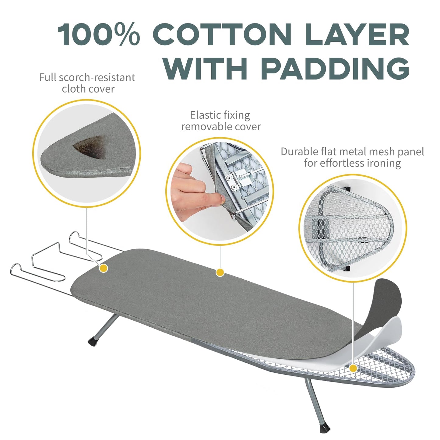 Metal Foldable Tabletop Ironing Board with Iron Rest, Portable Ironing Board Small with Heat Resistant Cotton Cover, RAINHOL Mini Iron Table for Small Space and Travel, 31"x12", Gray